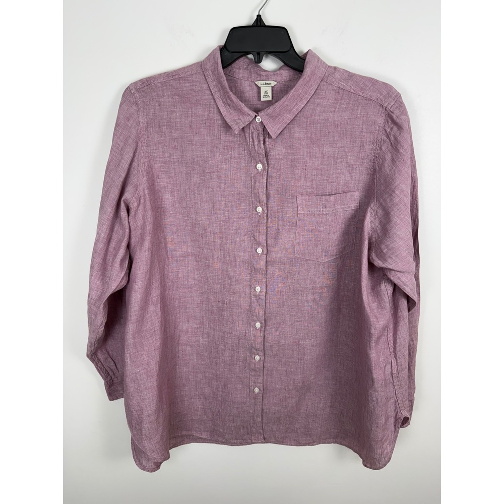 LL Bean Women's 3X Plus Linen Button Down Shirt Mauve Lavender Pink Long Sleeve